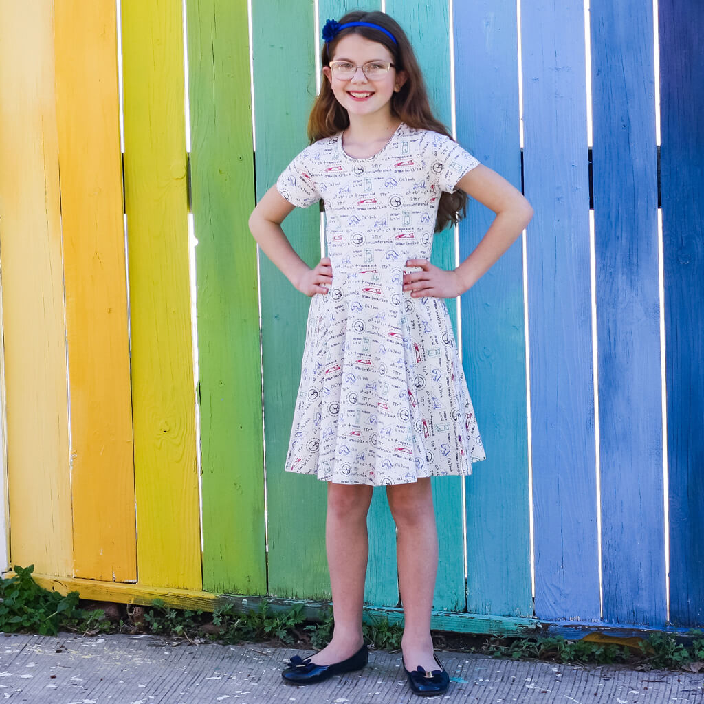 Princess Awesome & Boy Wonder "Scratch Paper" Geometry Cats Super Twirler Dress with Pockets — construction detail