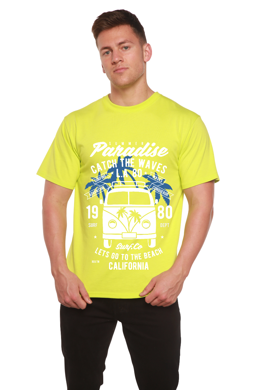Spun Bamboo Catch The Waves Men's Bamboo Viscose/Organic Cotton Short Sleeve Graphic T-Shirt — size reference