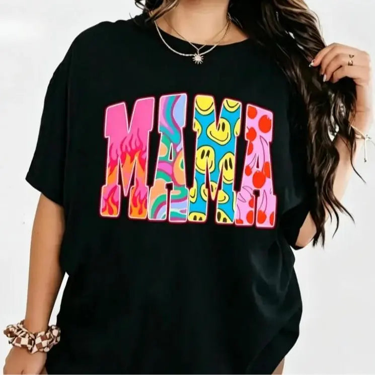 Color Block "MAMA" Graphic Tee – Trendy Retro Typography T-Shirt, Remastered Heavy Cotton Boho Mom Top, Soft Lived-In Relaxed Fit Casual Apparel, Made in USA