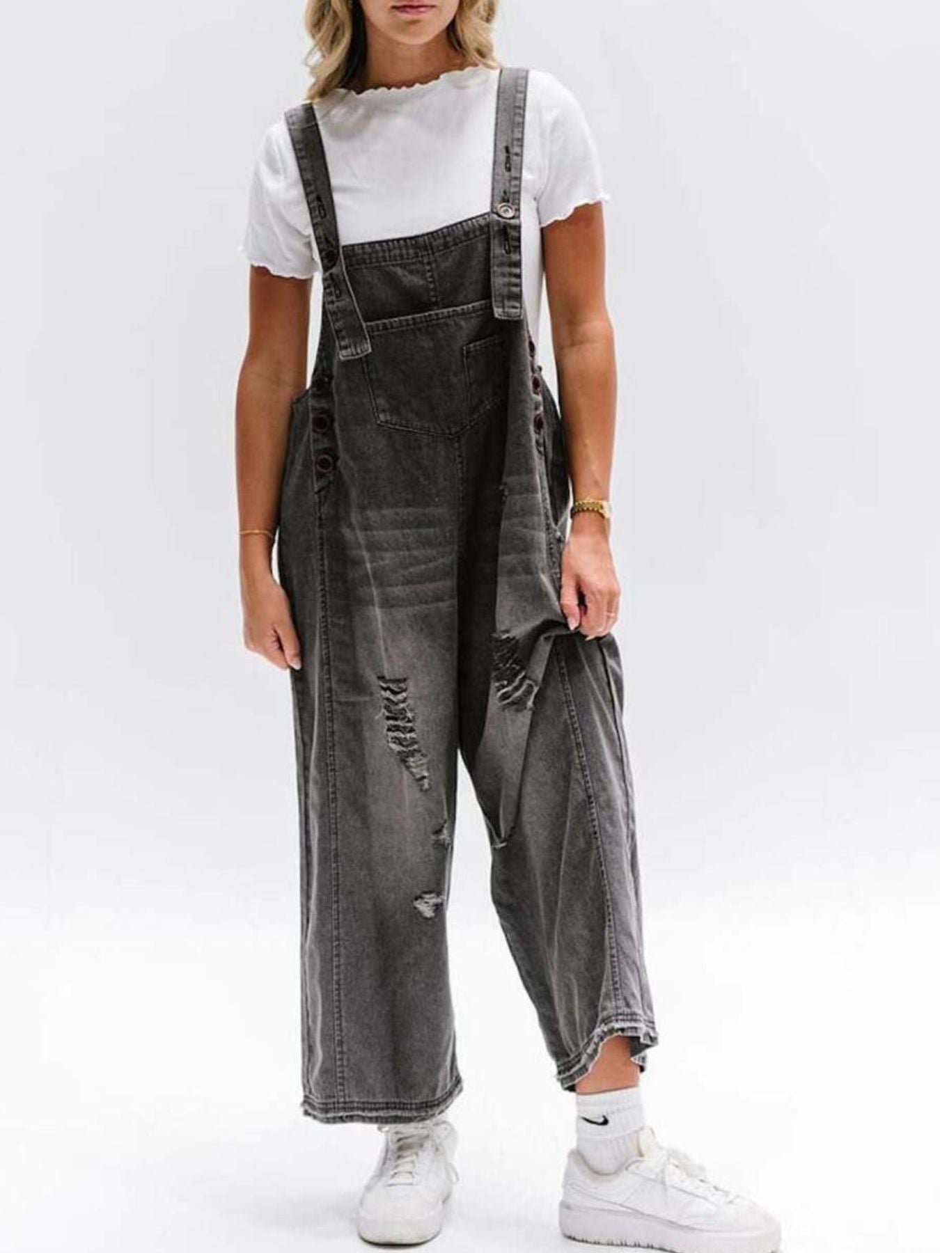 Distressed Wide Leg Denim Overalls