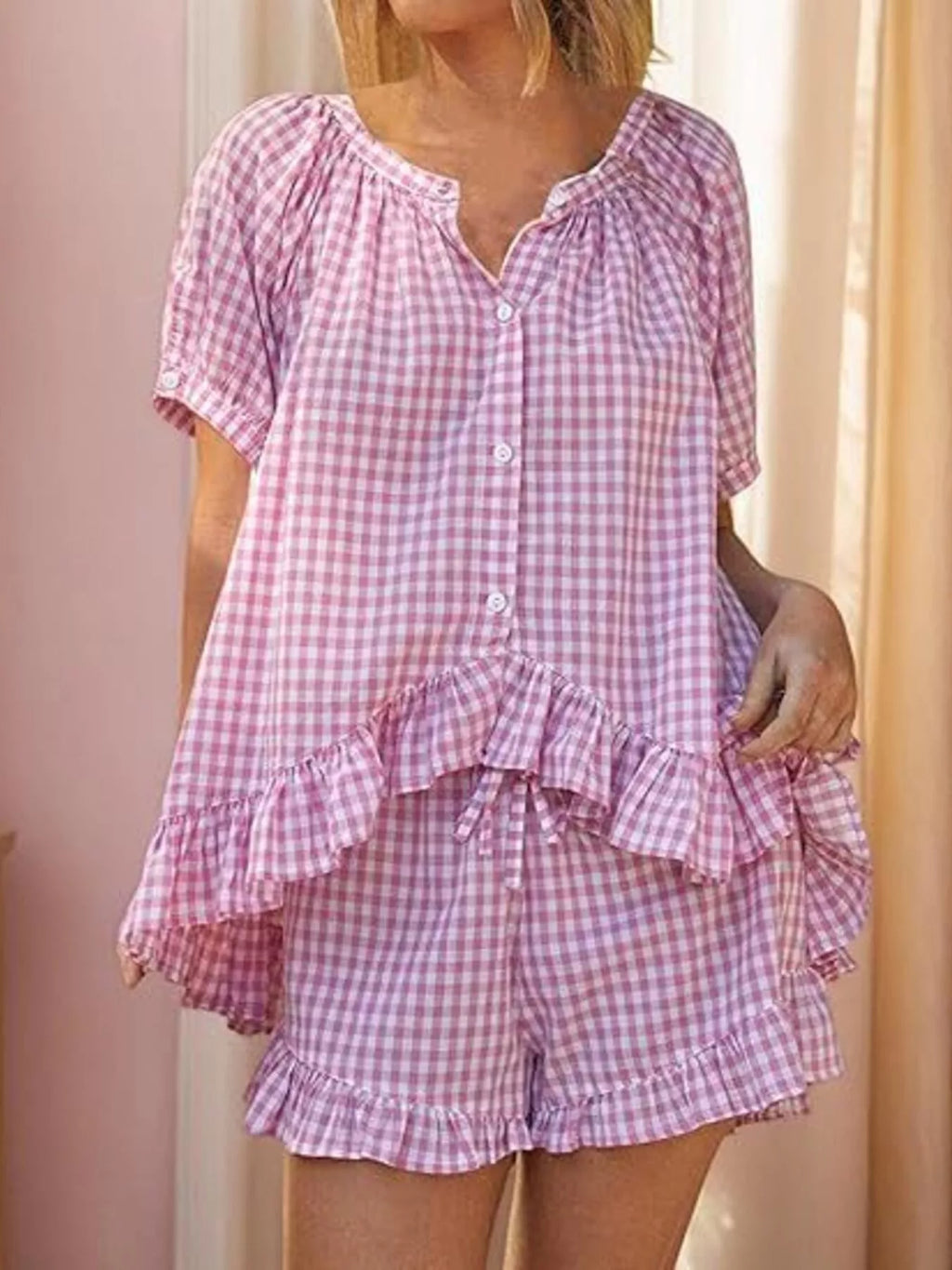 Gingham Ruffle Trim Top and Shorts Set