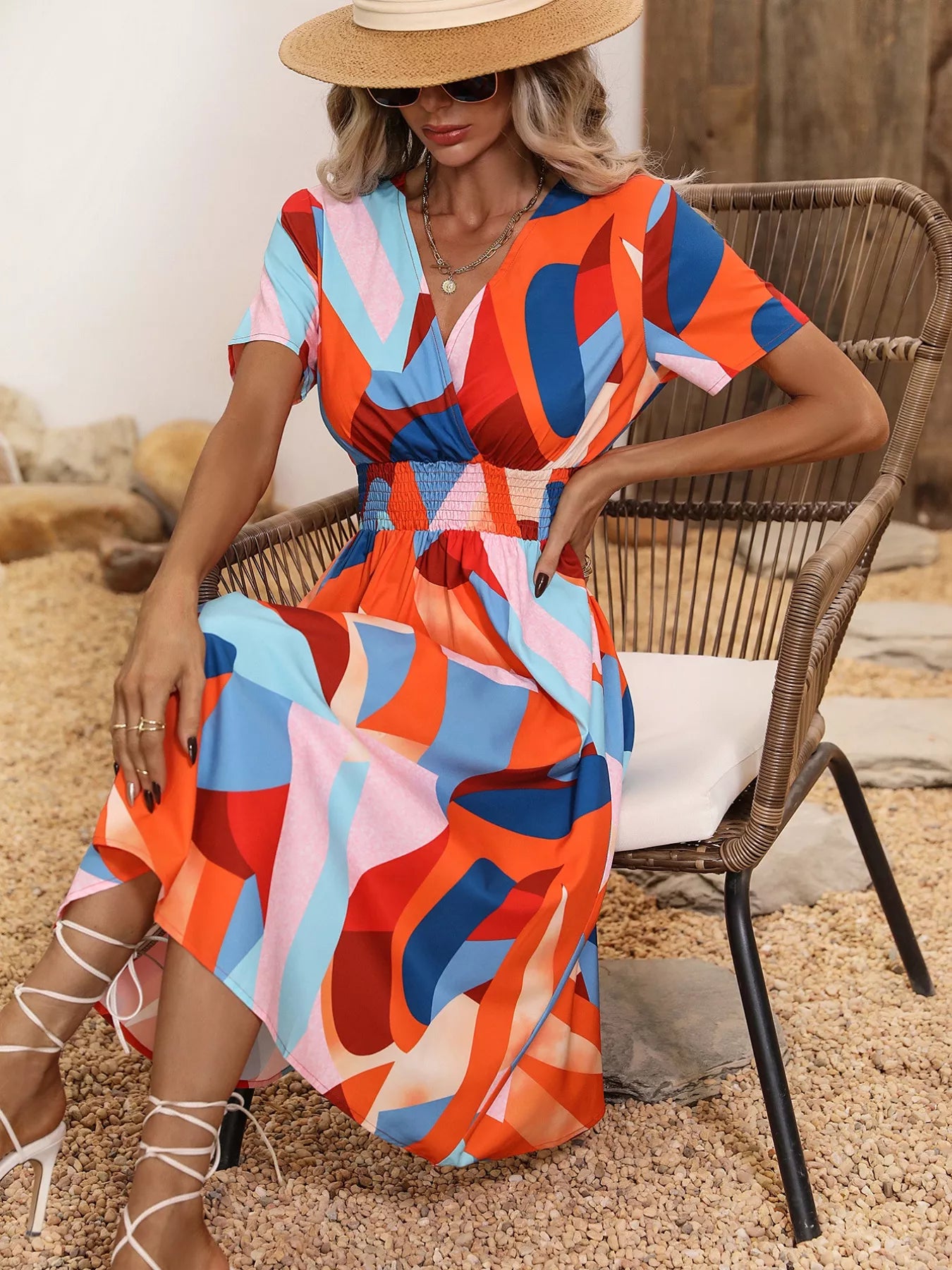 Printed Short Sleeve Midi Dress