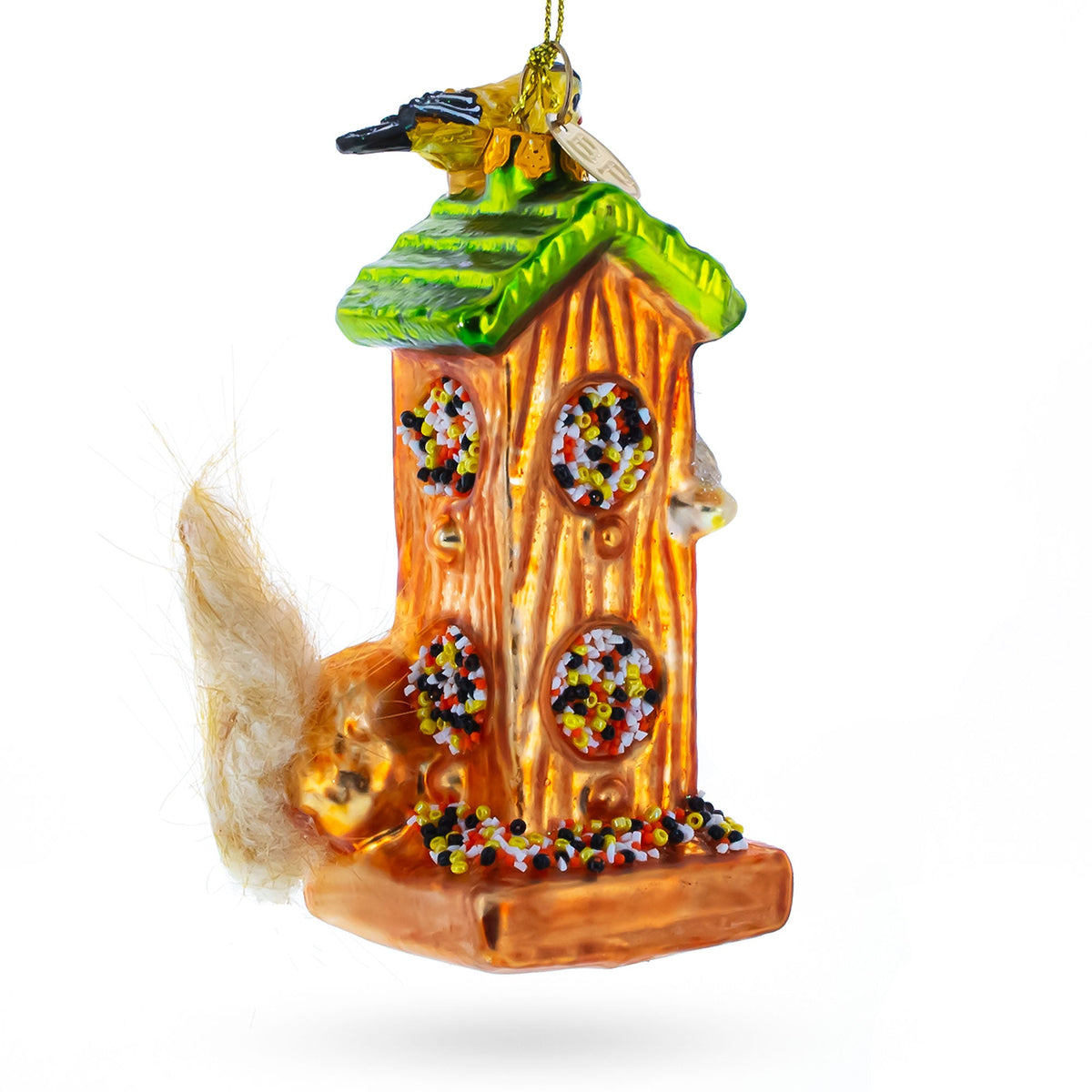 Woodland Bird Feeder with Squirrel Glass Christmas Ornament