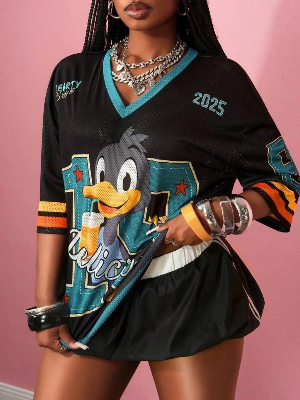 Hip-Hop Sporty Loose Mesh V-Neck Retro T-Shirt – Doll Drop Shoulder Short Sleeve Streetwear Tee