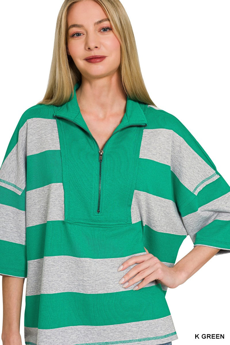 Zenana Frenchterry Striped Half Zip Top & Shorts Set