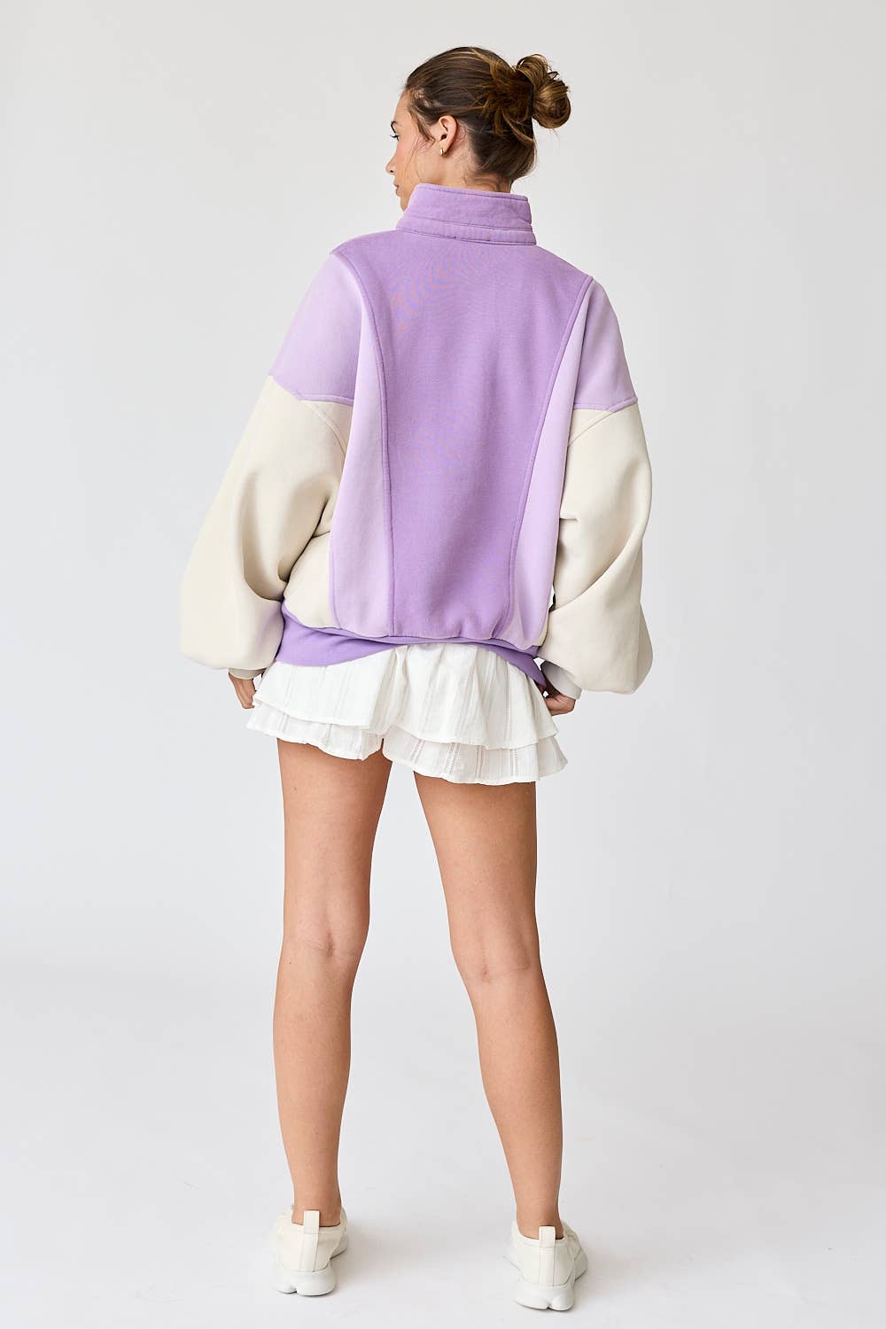 Pretty Little Patriot Pretty Little Patriot Lavender Color Block Sweatshirt — lifestyle worn / used context
