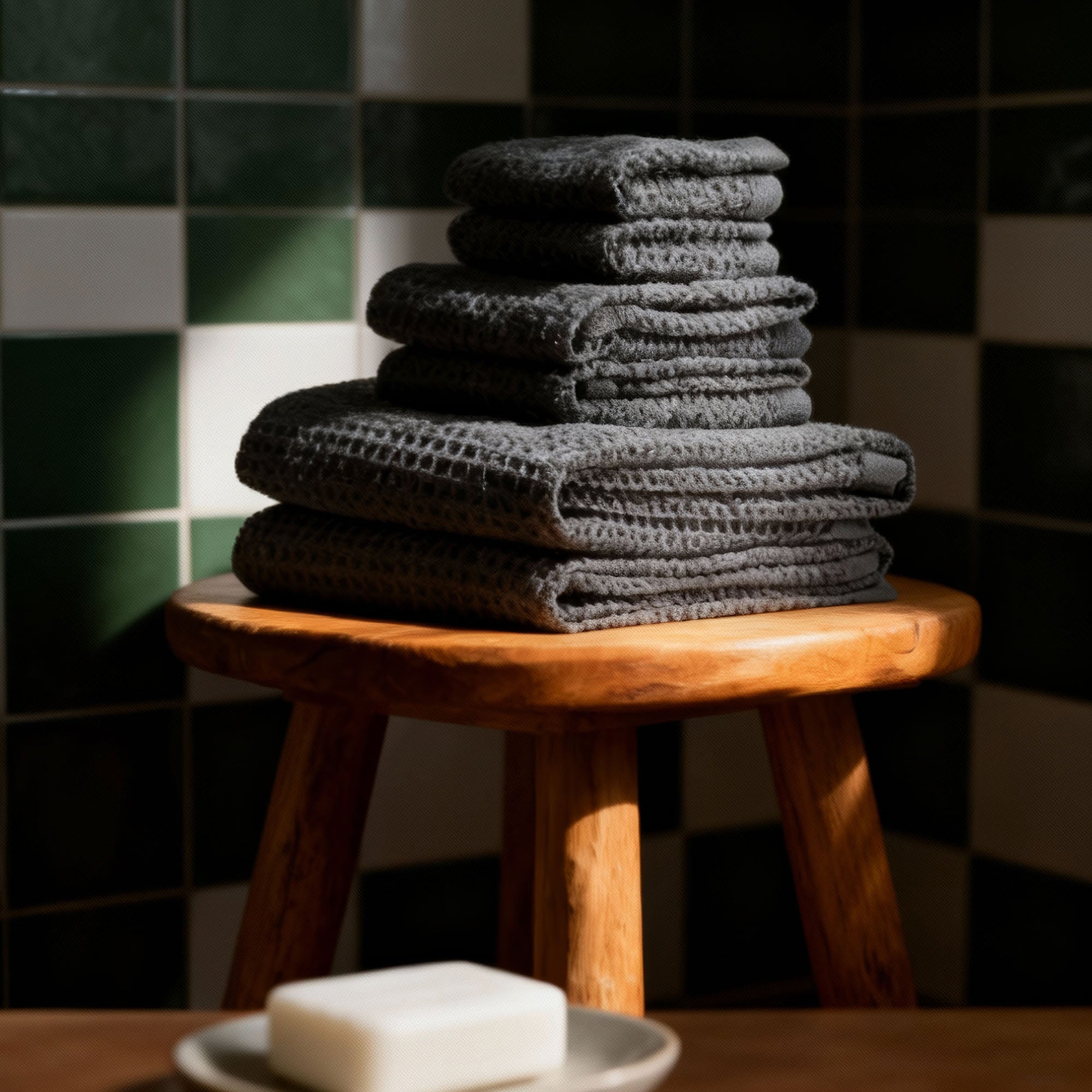 Italic Sedona Waffle Towels — in-room styled lifestyle