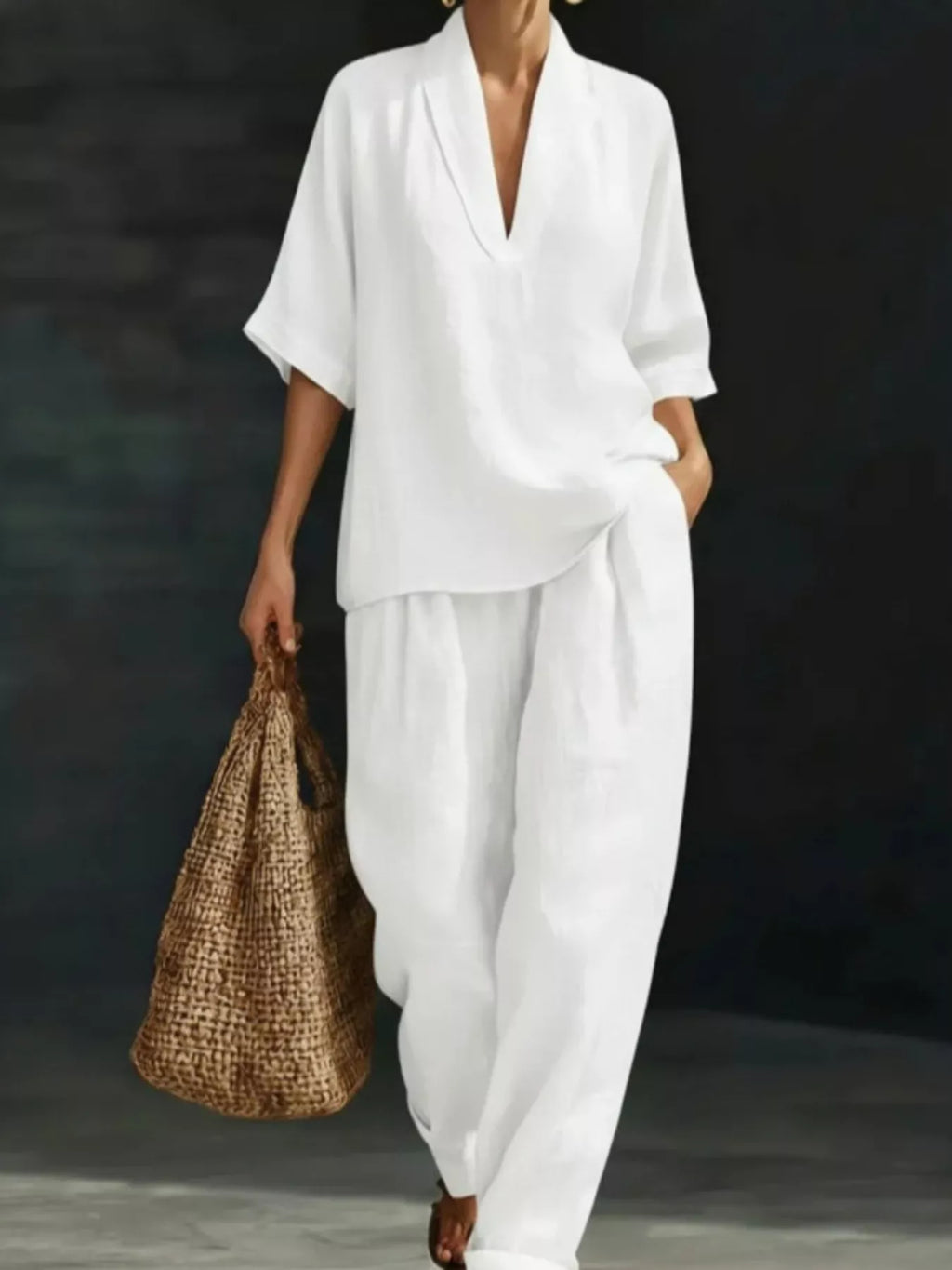 Full Size Half Sleeve Top and Wide Leg Pants Set Plus Size