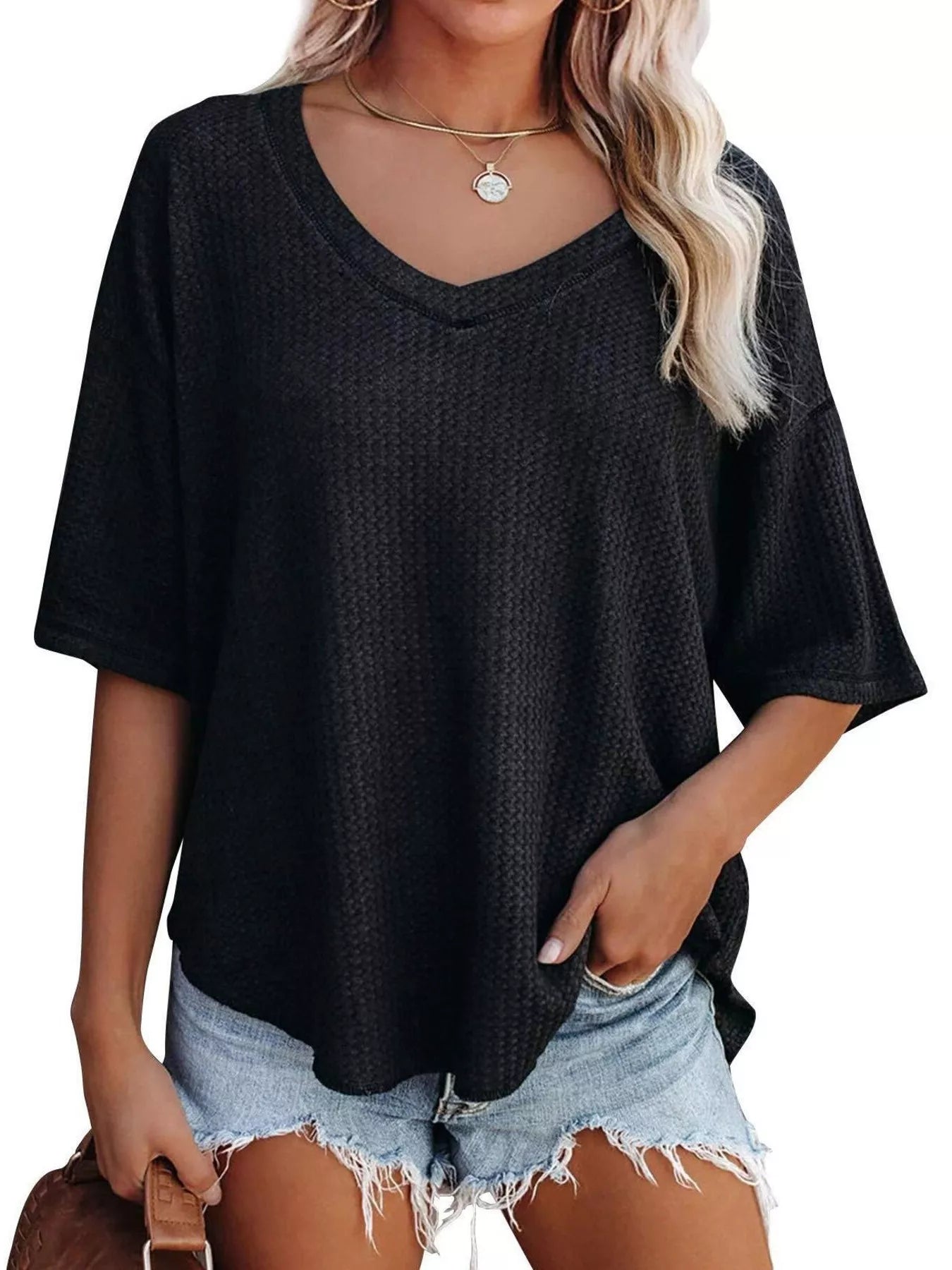 Waffle Knit V-Neck Short Sleeve T-Shirt