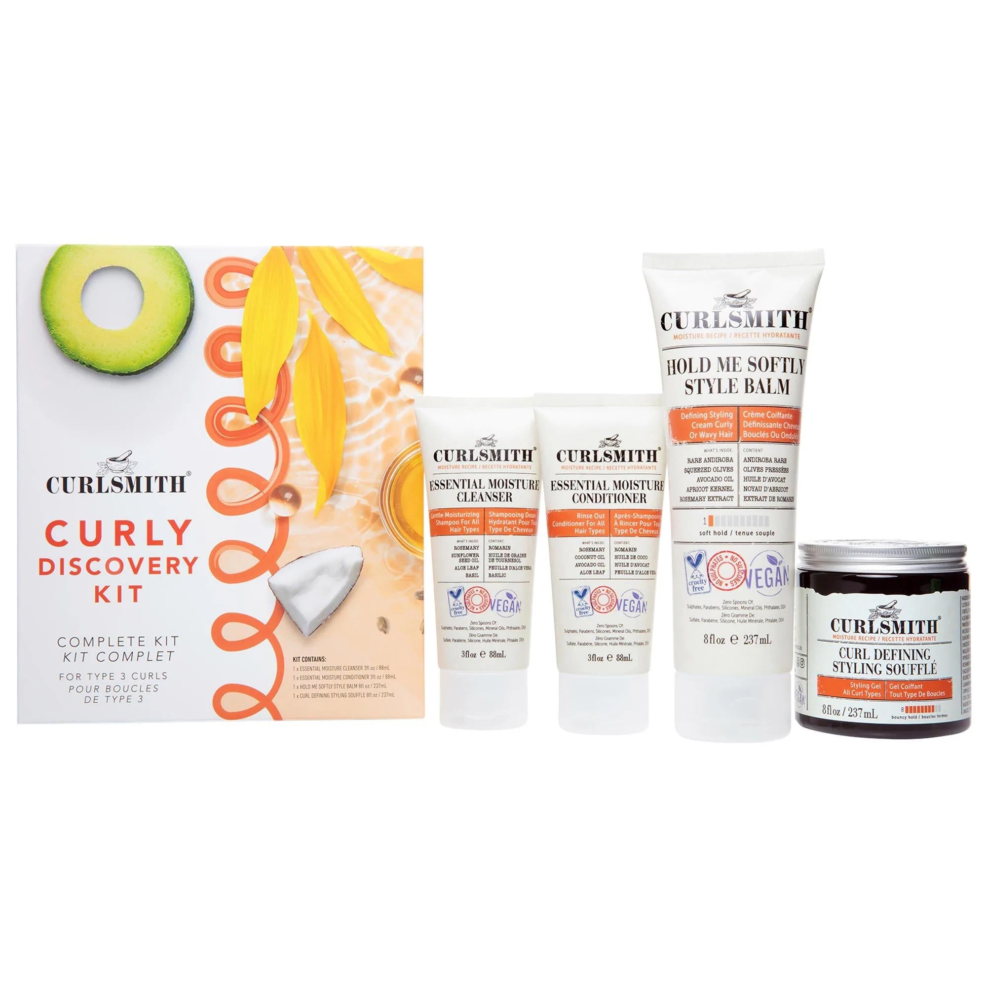Curly Discovery Kit: Enhance & Define Type 3 Curls - Moisturizing Shampoo, Conditioner, Cream Balm & Styling Gel - Frizz Control & Volume - Cruelty-Free