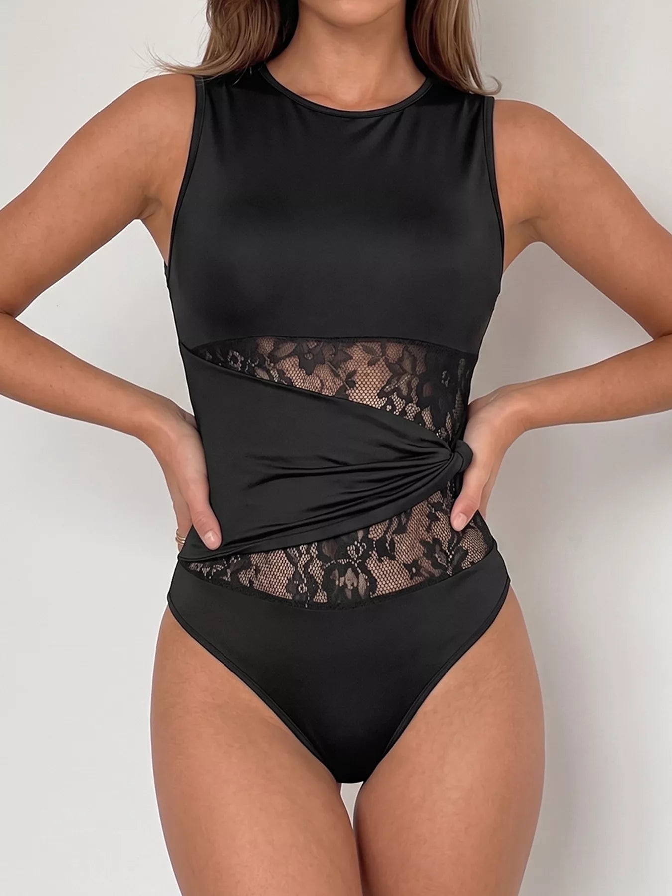 Sheer Lace Panel Sleeveless Bodysuit
