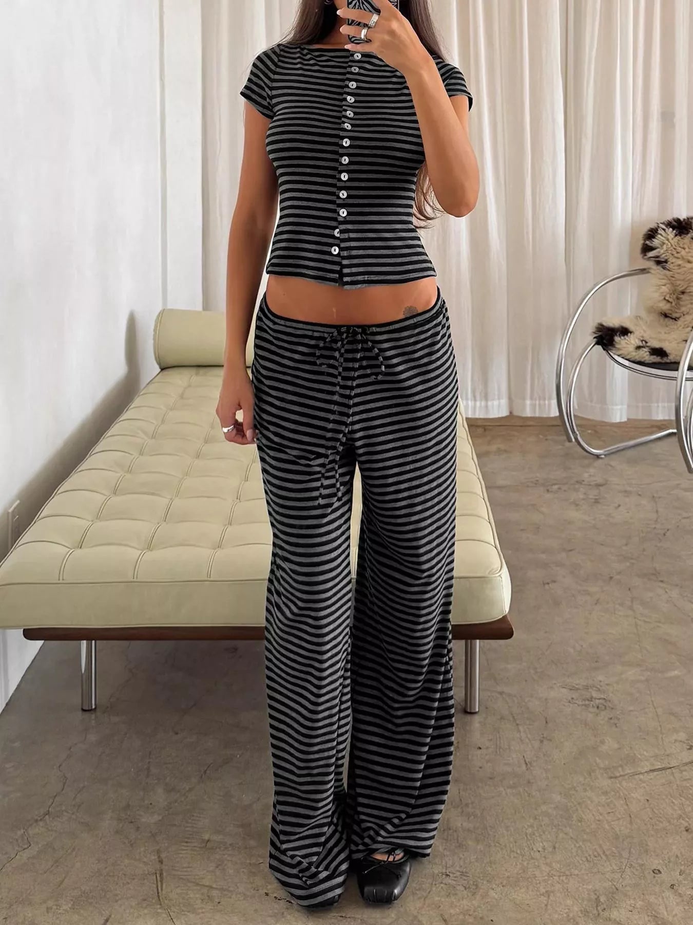 Striped Button-Down Top and Wide-Leg Pants Set
