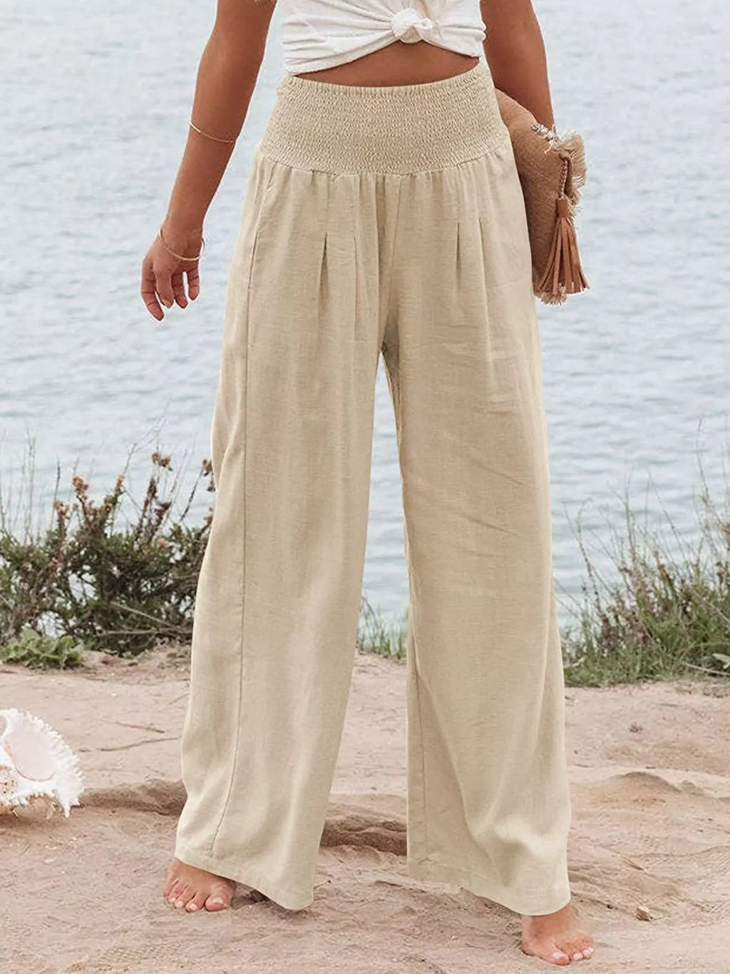 Smocked High Waisted Wide Leg Pants
