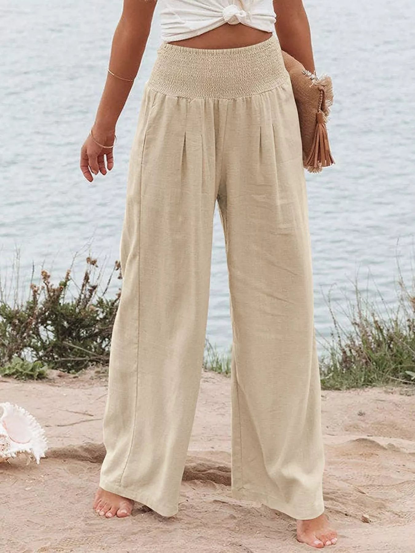 Smocked High Waisted Wide Leg Pants