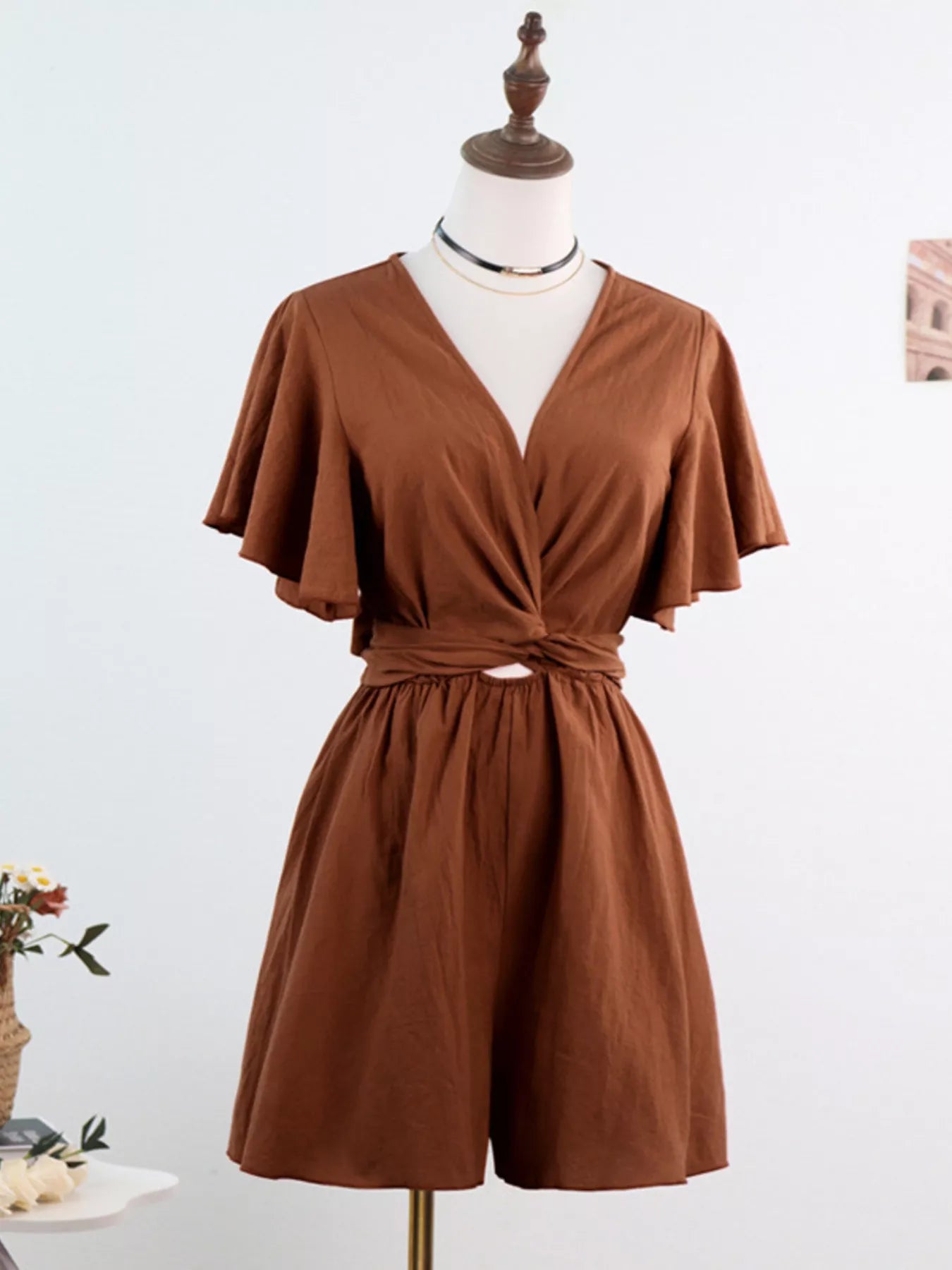 Tie Waist Flutter Sleeve Romper