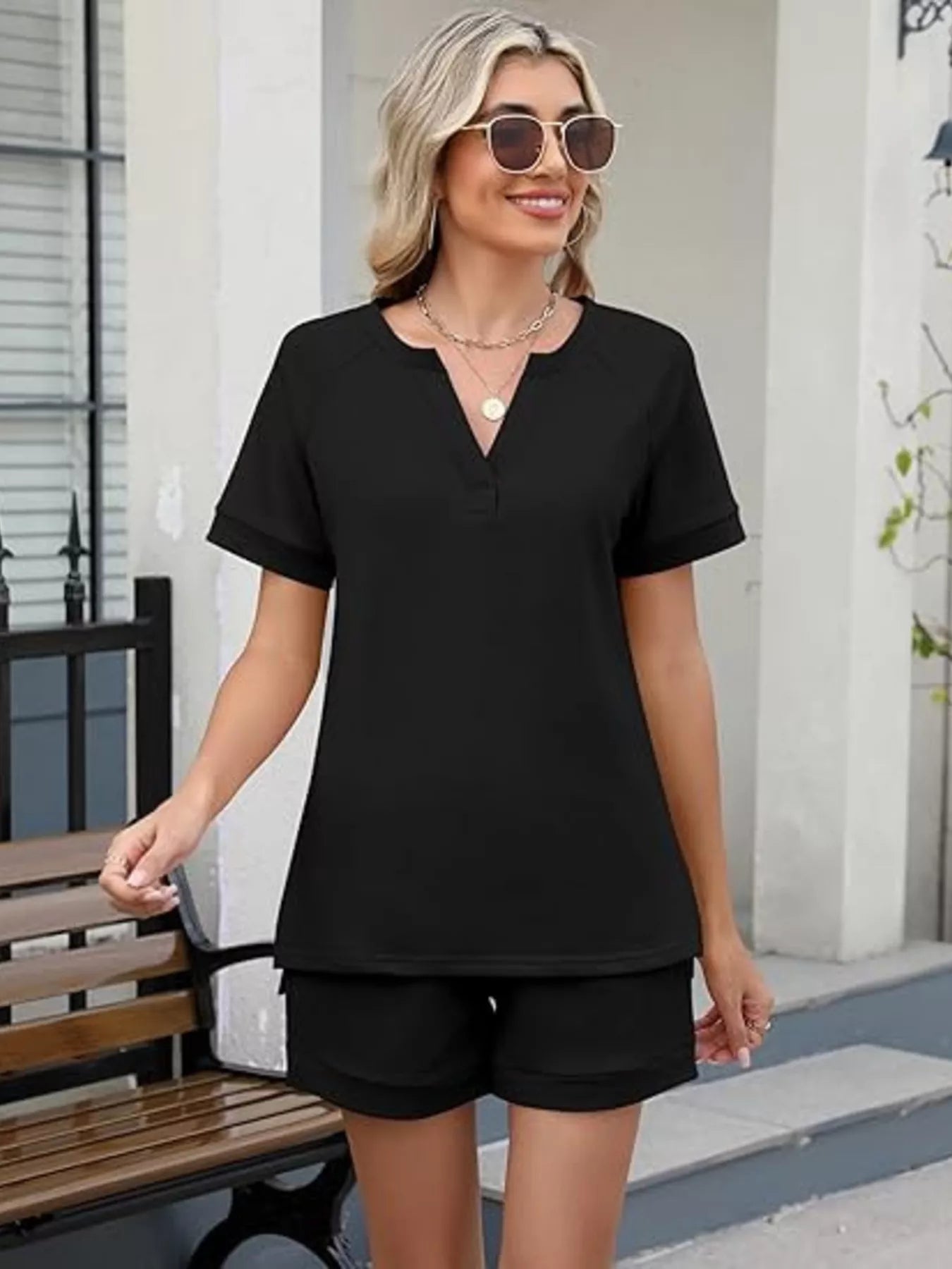Solid Color Short Sleeve Top and Shorts Two-Piece Set