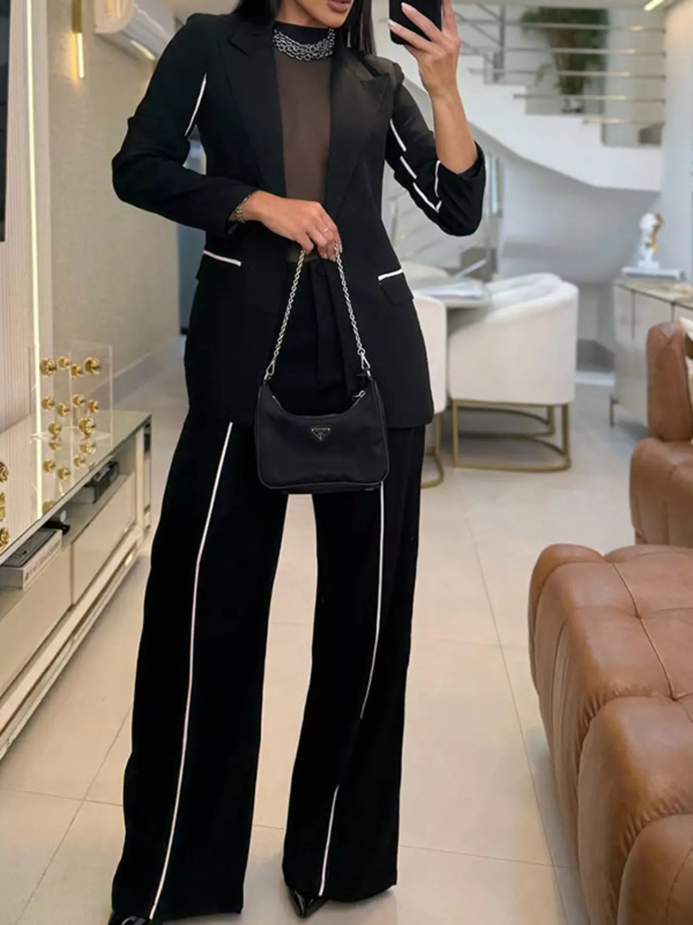 Contrast Trim Blazer & Wide Leg Pants Set