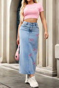 Bow-Embroidered Denim Maxi Skirt