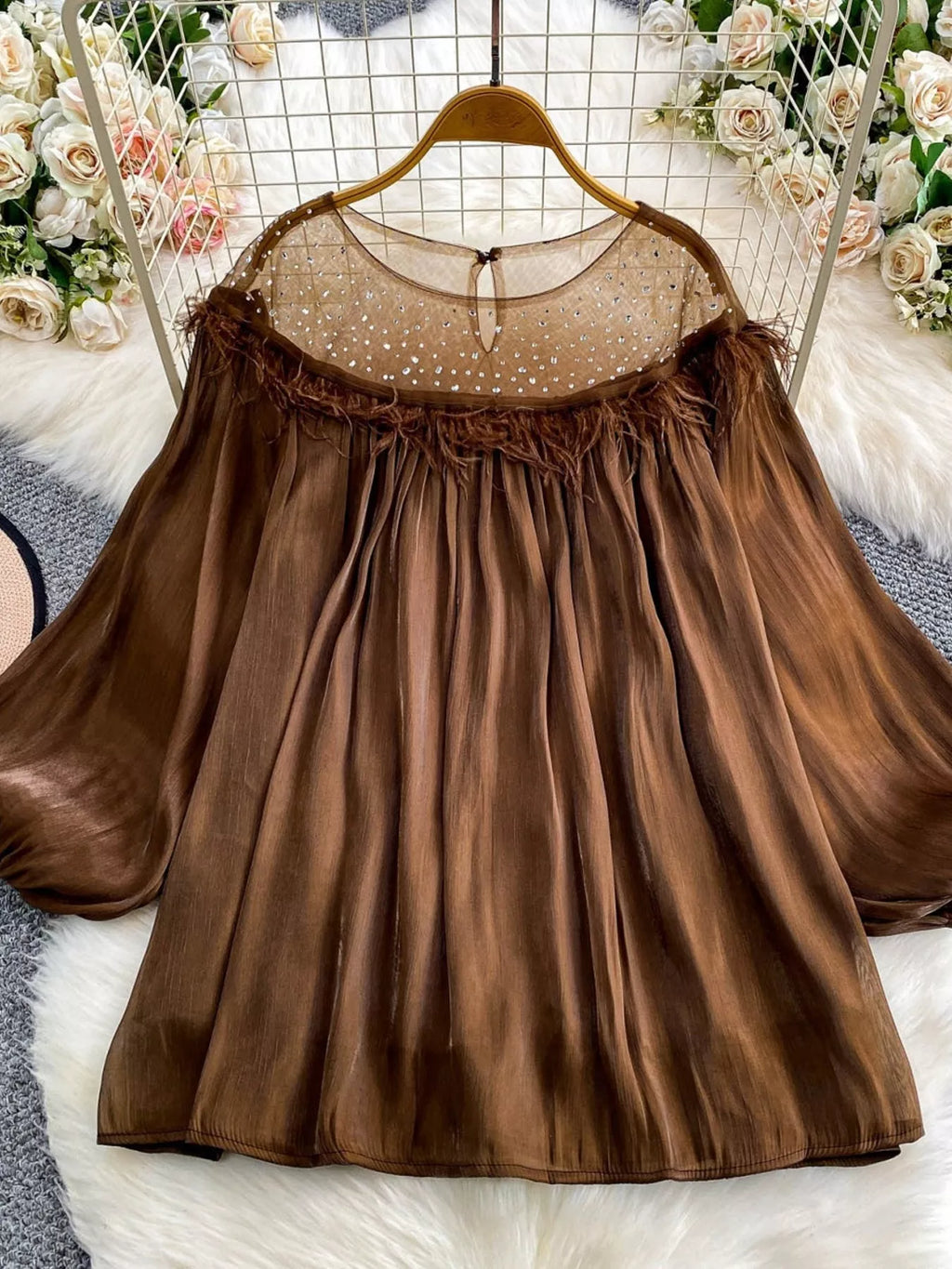 Rhinestone Mesh Panel Blouse