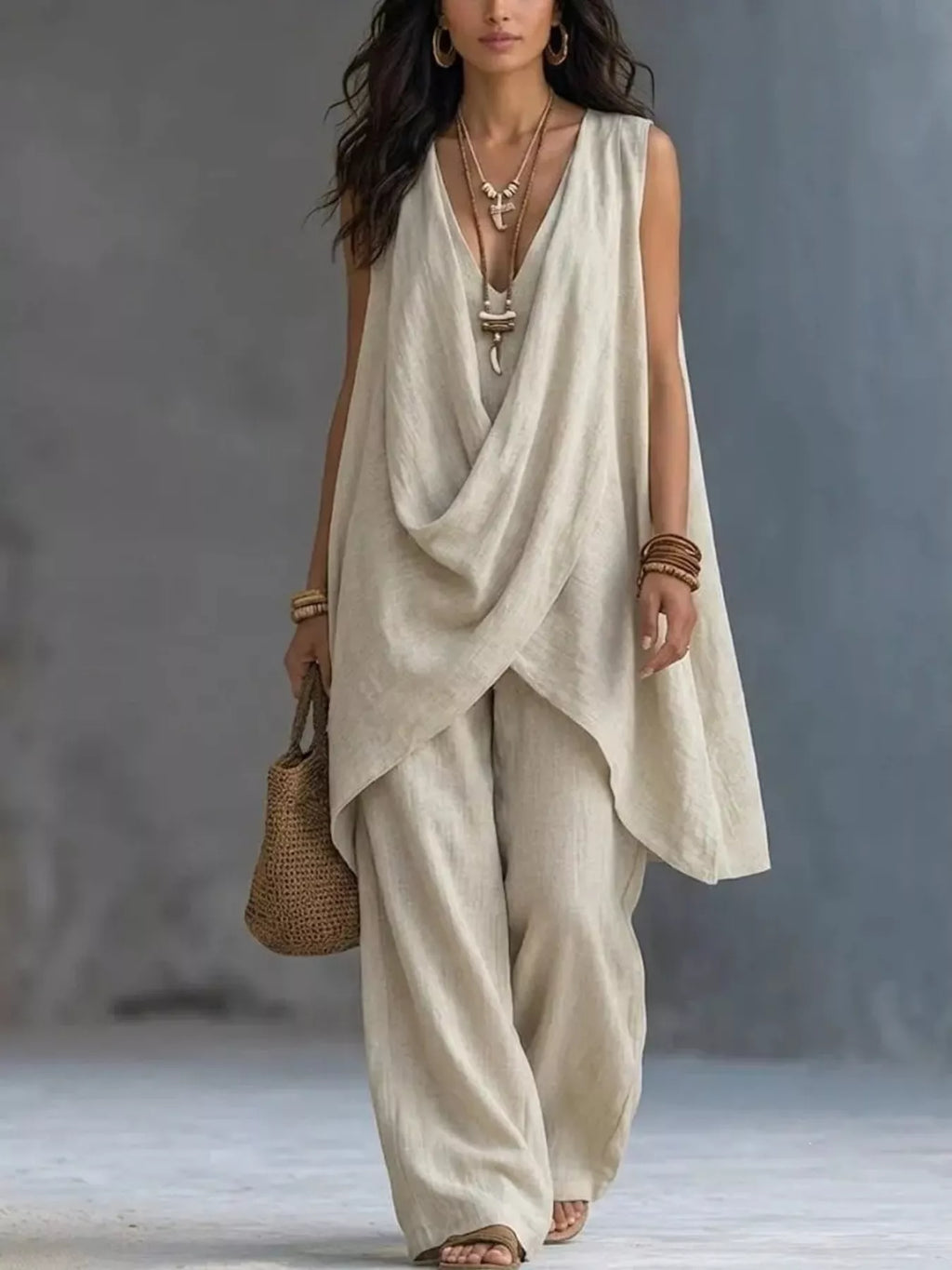 Sleeveless Asymmetrical Top and Wide-Leg Pants Set
