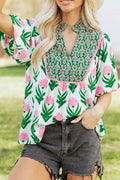 Multicolour Floral Print Puff Sleeve Contrast Bordered V Neck Blouse