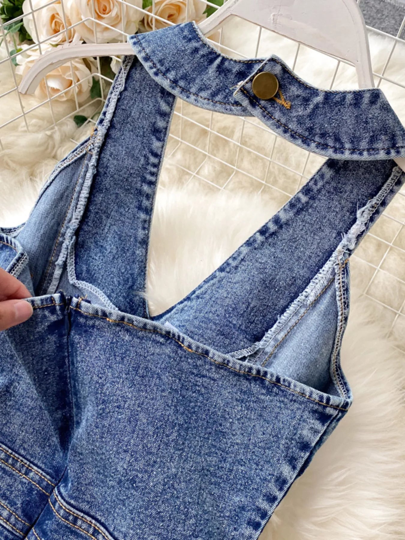 Halter Neck Wide Leg Denim Jumpsuit
