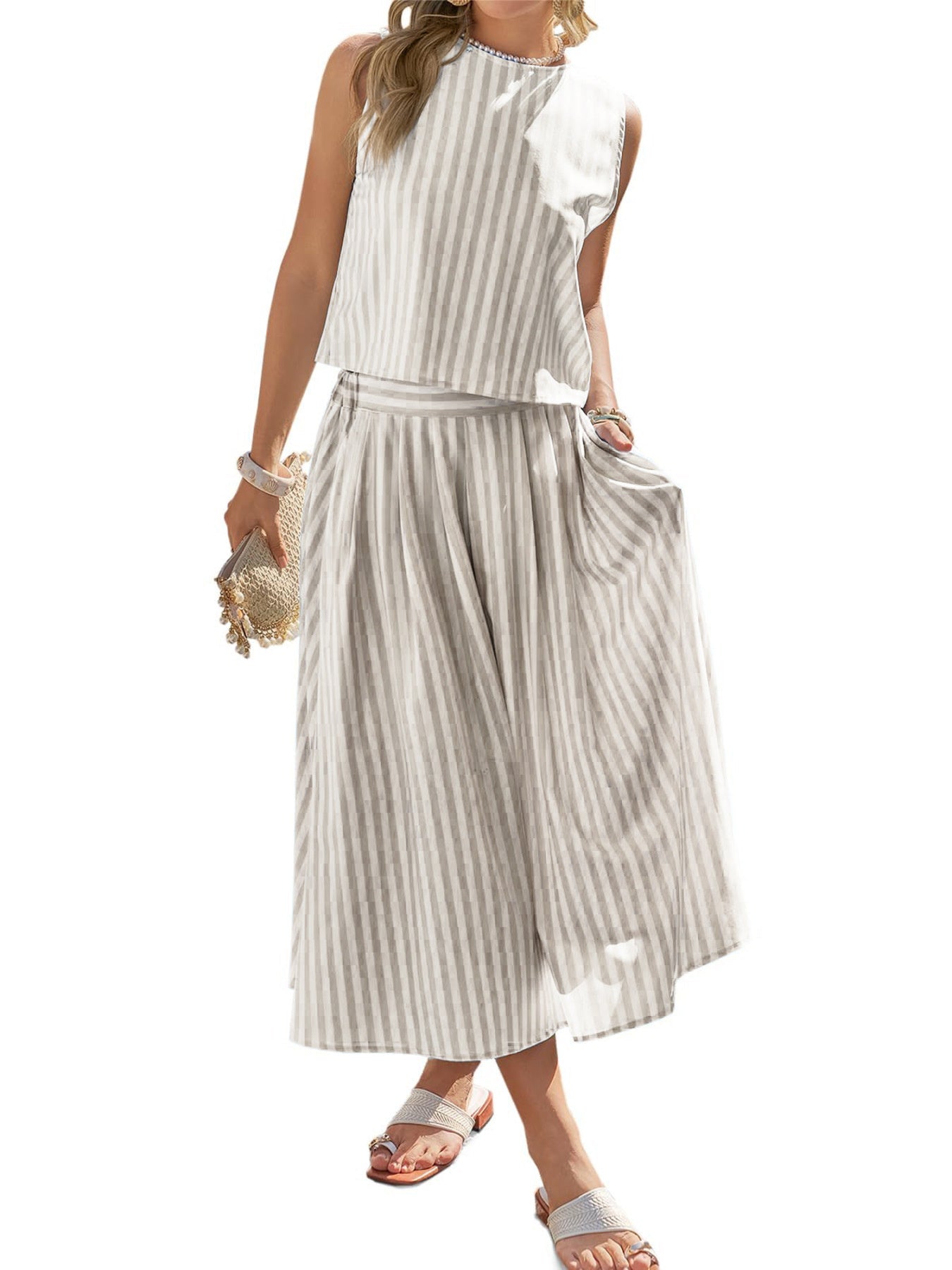 Striped Sleeveless Top and Midi Skirt Set