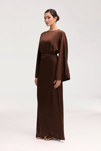 Cedra Satin Wrap Maxi Dress - Chocolate Clothing Veiled 