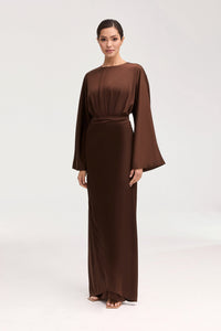 Cedra Satin Wrap Maxi Dress - Chocolate Clothing Veiled 