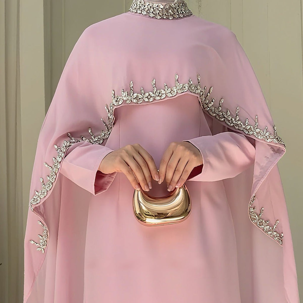 Mariam's Collection Celestial Rhinestone Cape Abaya | Luxury 2-Piece Set (MA251) — Mariam's Collection branding close-up