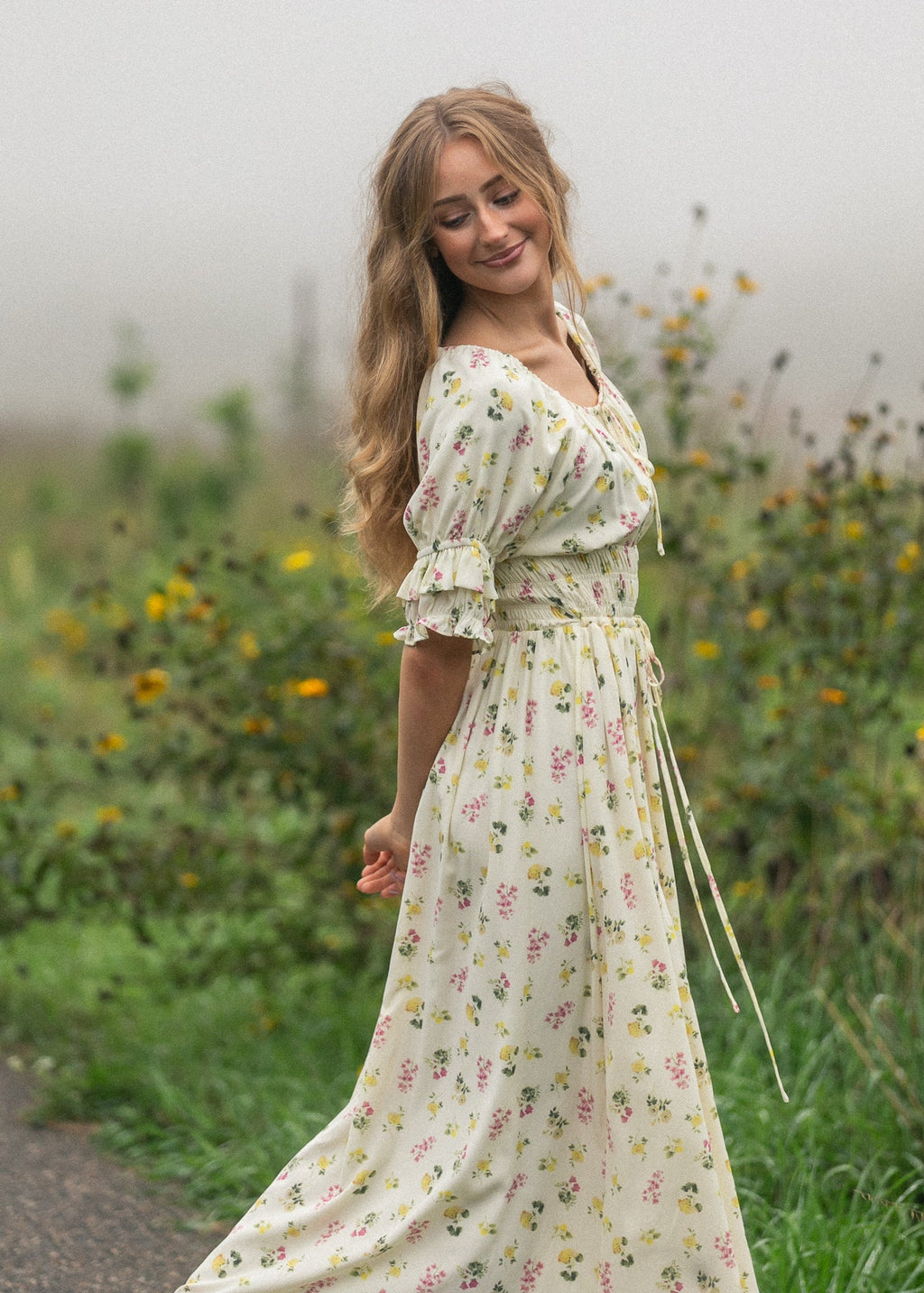 Inherit Co. Celine Puff Sleeve Floral Maxi Dress — fabric or material detail