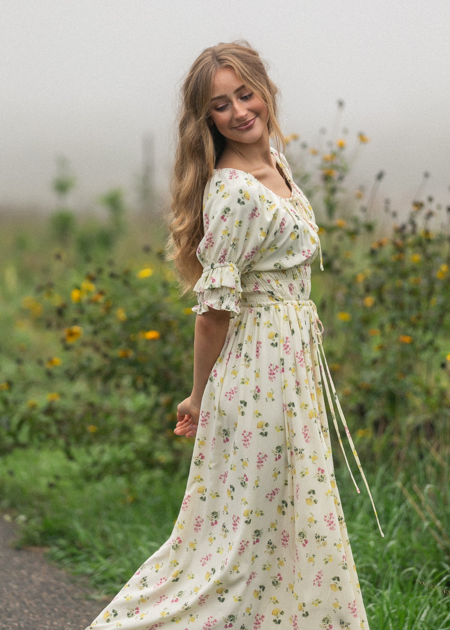 Inherit Co. Celine Puff Sleeve Floral Maxi Dress — fabric or material detail