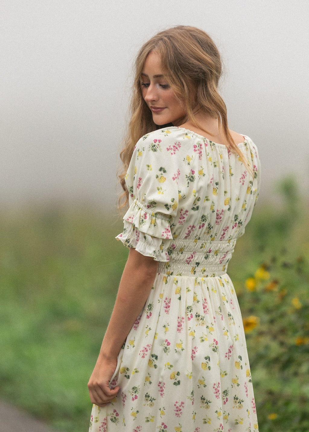 Inherit Co. Celine Puff Sleeve Floral Maxi Dress — in-use photo