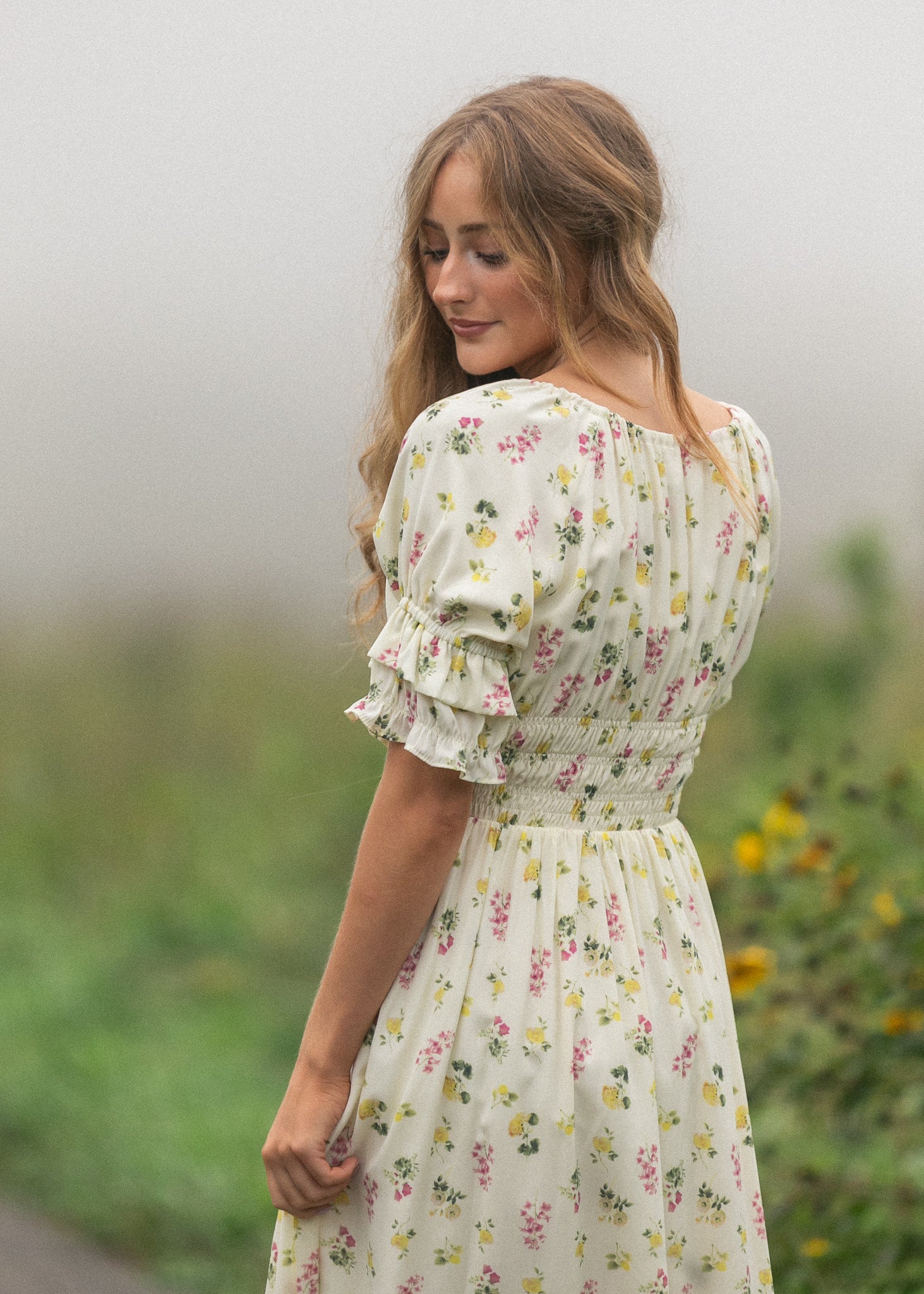 Inherit Co. Celine Puff Sleeve Floral Maxi Dress — in-use photo