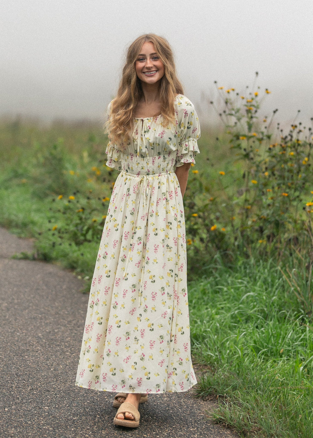 Inherit Co. Celine Puff Sleeve Floral Maxi Dress — product on model