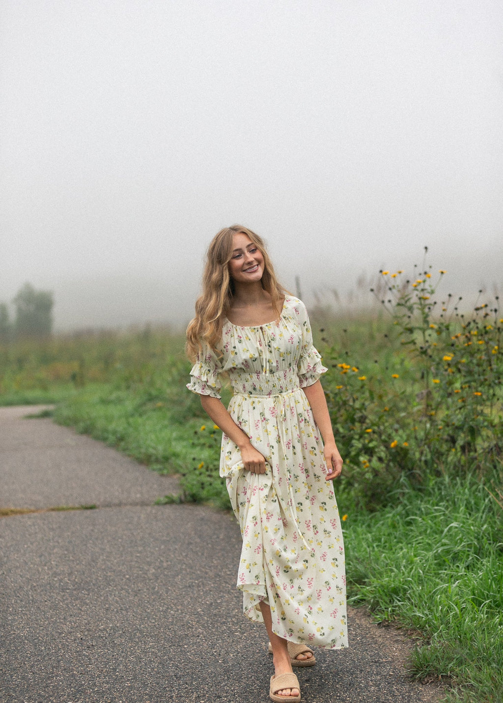 Inherit Co. Celine Puff Sleeve Floral Maxi Dress — in-use photo