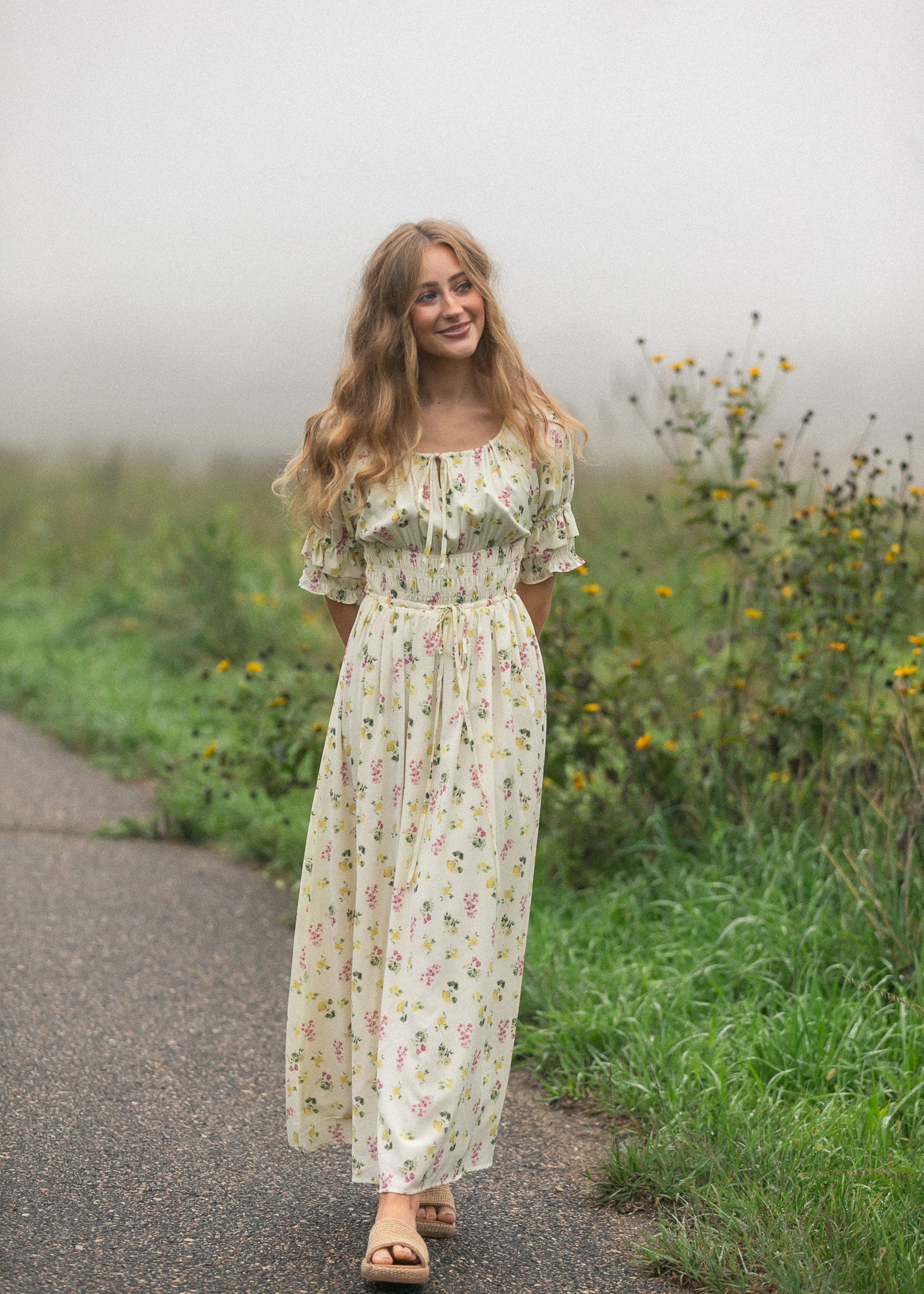 Inherit Co. Celine Puff Sleeve Floral Maxi Dress — back view