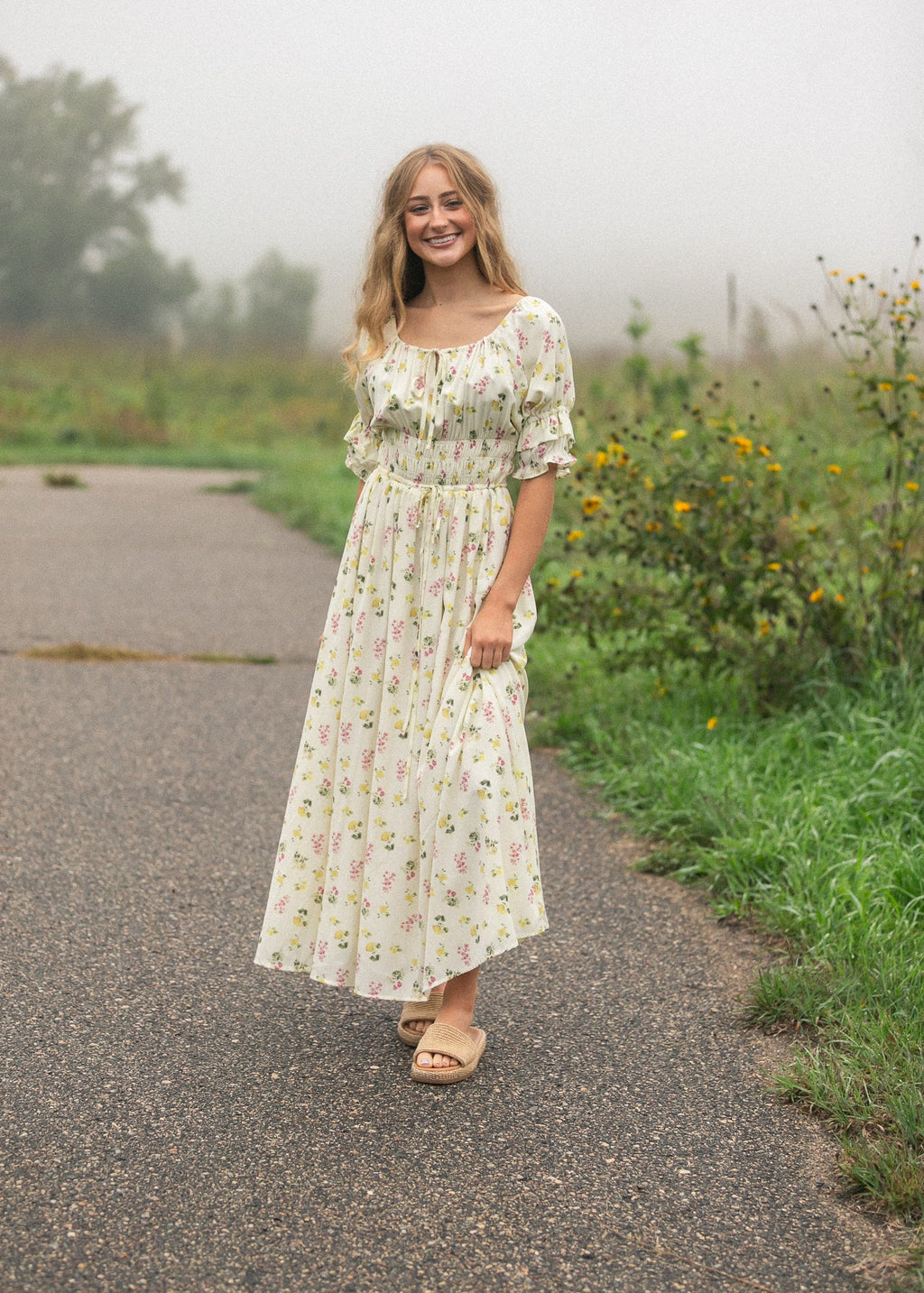 Inherit Co. Celine Puff Sleeve Floral Maxi Dress — size reference