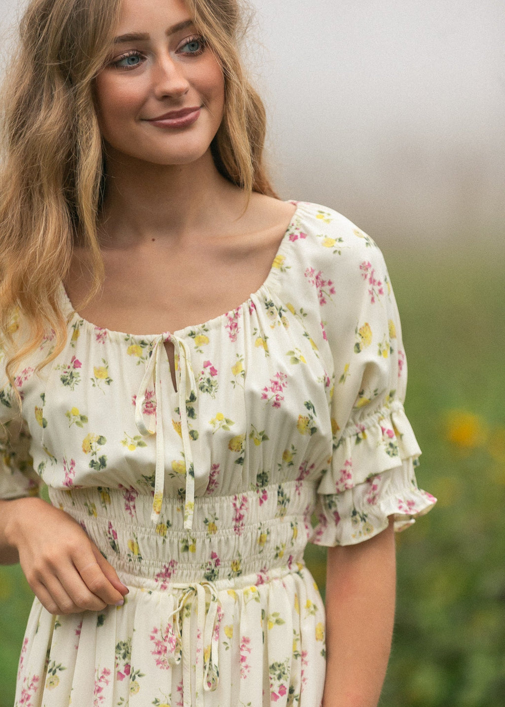 Inherit Co. Celine Puff Sleeve Floral Maxi Dress — detail close-up