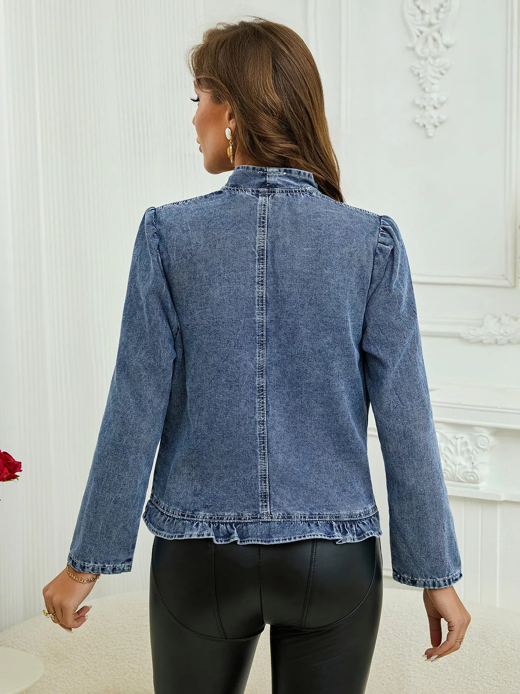 Plus Size Ruffled Trim Open Front Denim Jacket
