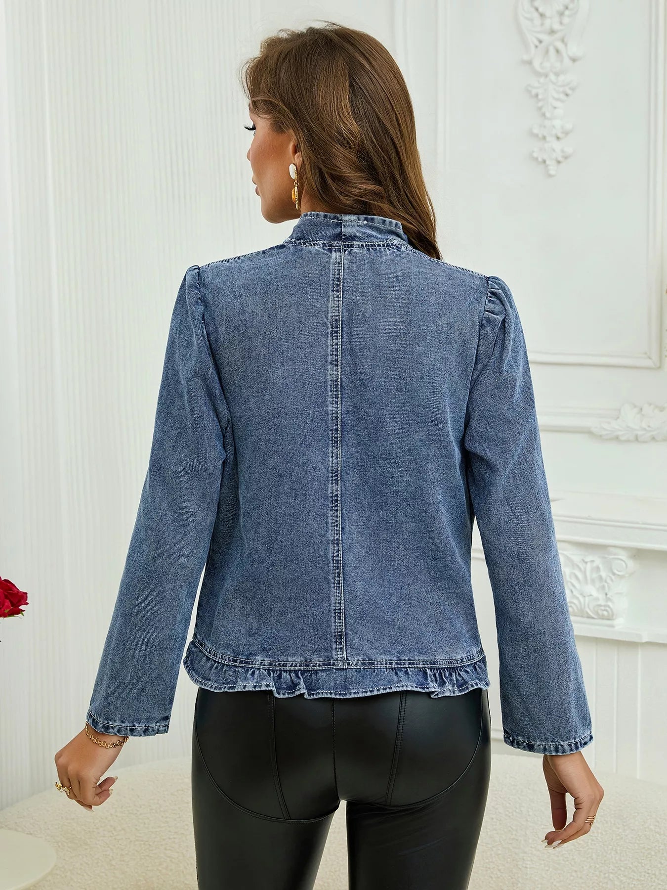 Plus Size Ruffled Trim Open Front Denim Jacket