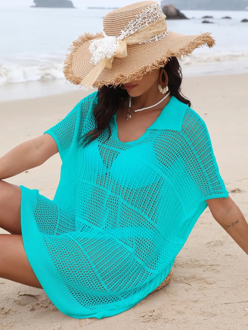 Hollow Out Collared Neck Cover-Up