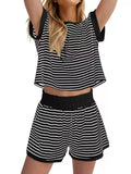 Full Size Striped Round Neck Top and Shorts Set Plus Size