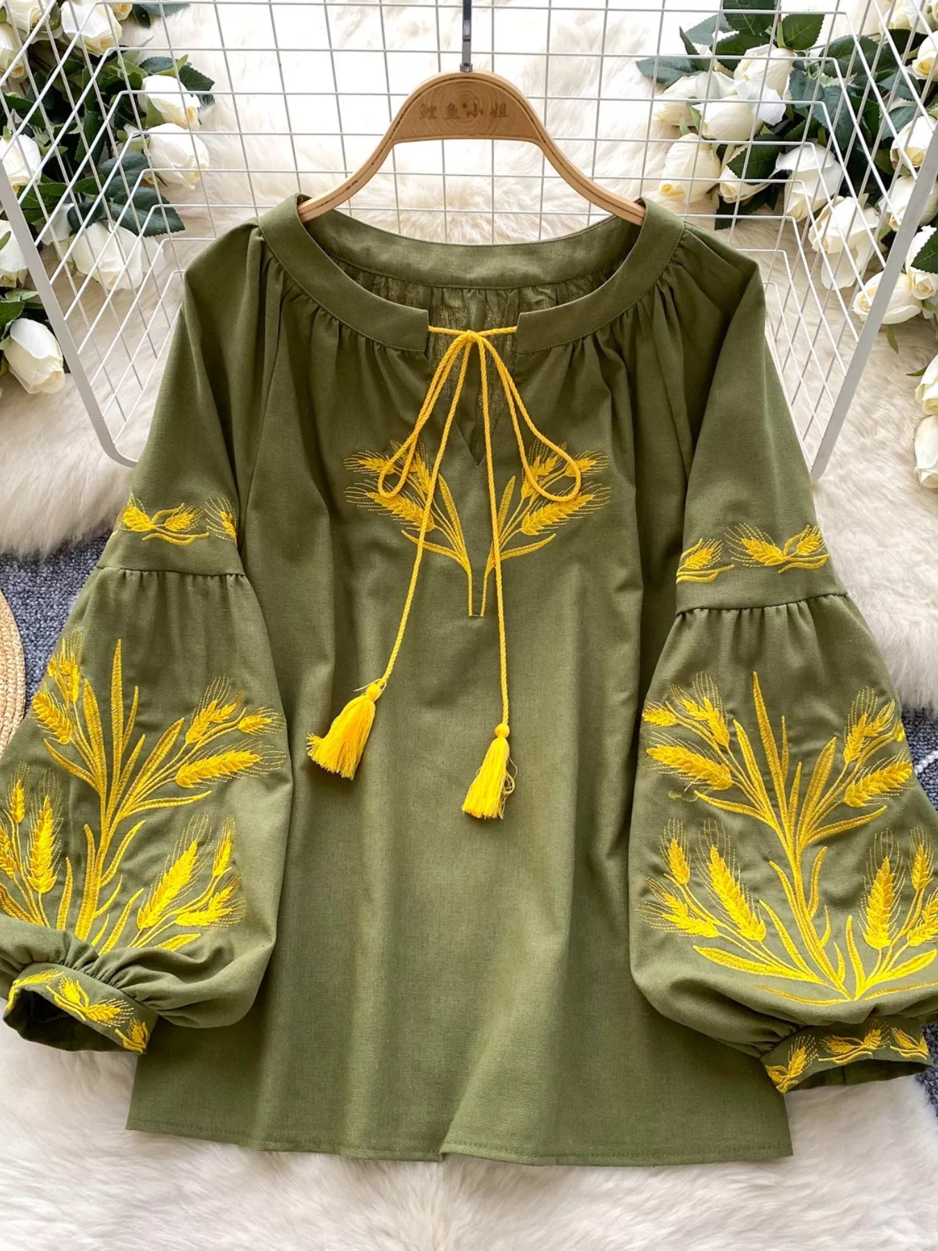 Embroidered Wheat Pattern Tie Neck Blouse