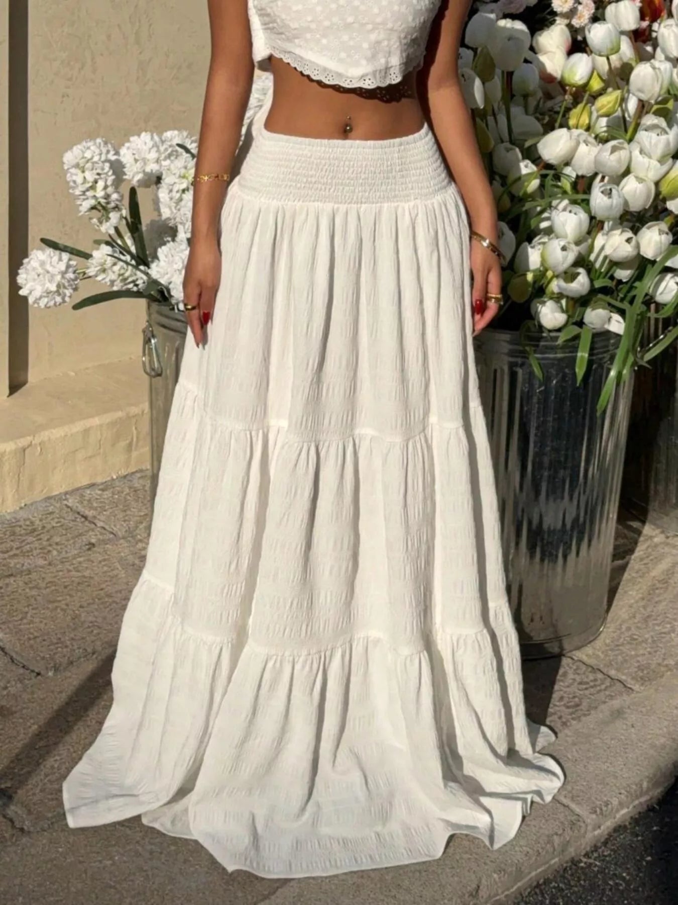Smocked Tiered Flowy Maxi Skirt