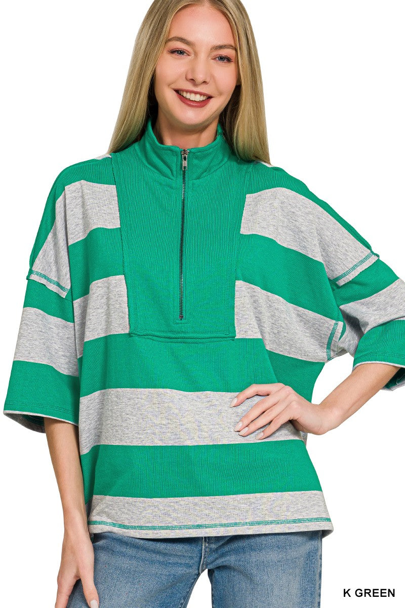 Zenana Frenchterry Striped Half Zip Top & Shorts Set