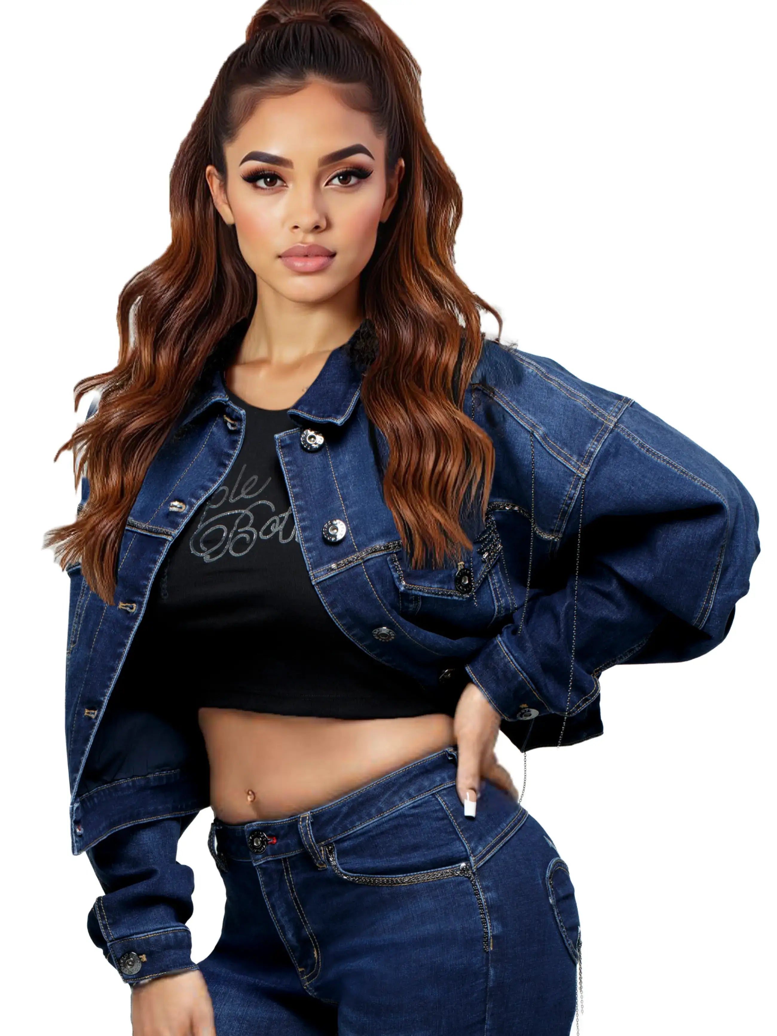 Apple Bottom Jeans Denim Chain Link Jacket — in-use context