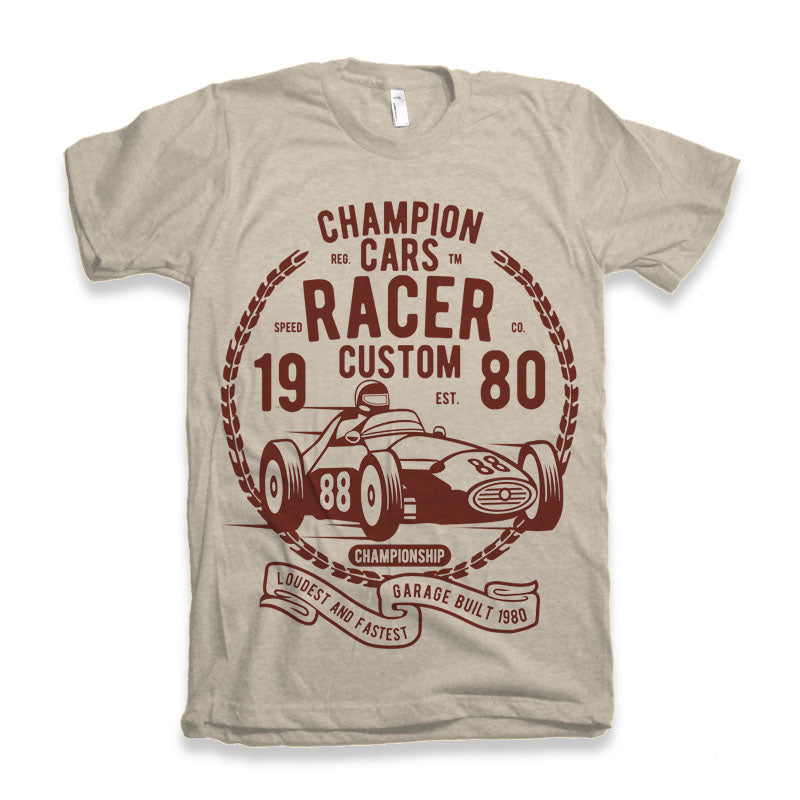 Spun Bamboo Champions Cars Men's Bamboo Viscose/Organic Cotton Short Sleeve Graphic T-Shirt — detail close-up