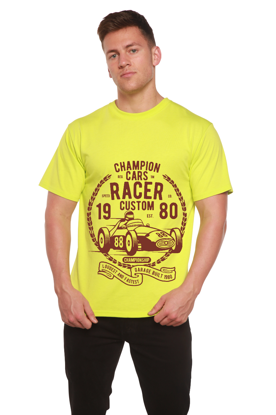 Spun Bamboo Champions Cars Men's Bamboo Viscose/Organic Cotton Short Sleeve Graphic T-Shirt — size reference