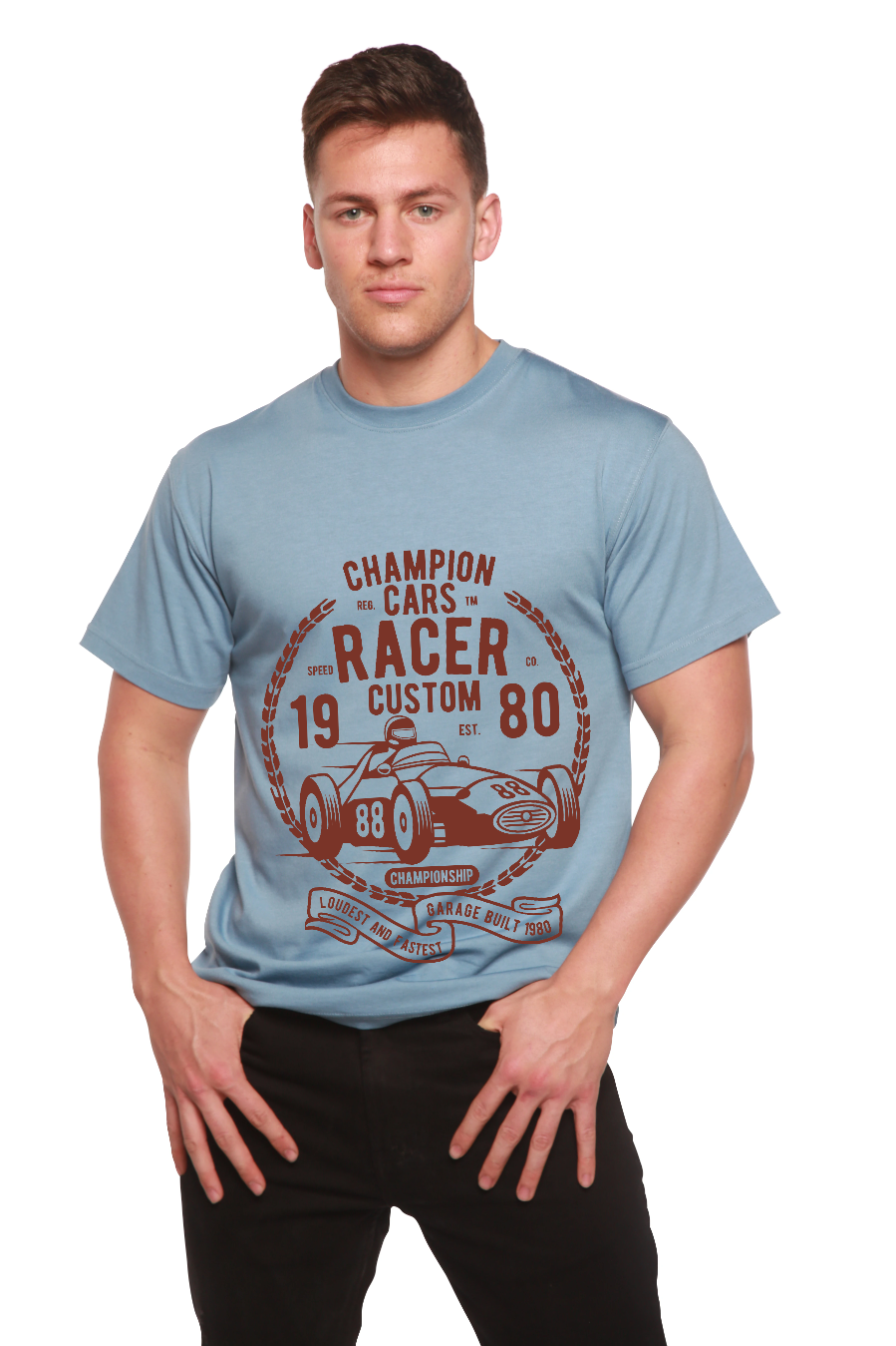 Spun Bamboo Champions Cars Men's Bamboo Viscose/Organic Cotton Short Sleeve Graphic T-Shirt — fabric or material detail